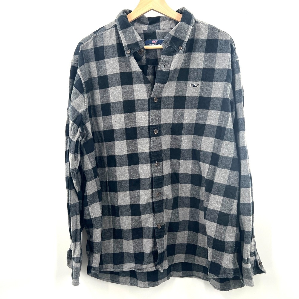 Vineyard Vines black gray check flannel shirt casual‎ weekend button front XL